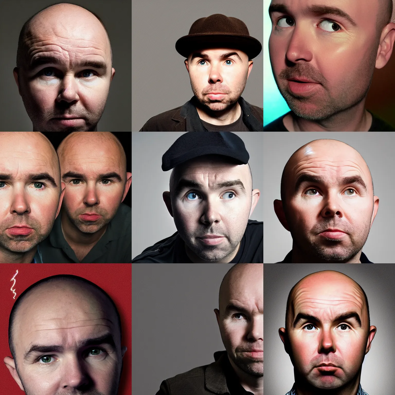 Prompt: a fascinating portrait of Karl Pilkington with an extremely unnatural round head shape, deep shadows, very crispy background