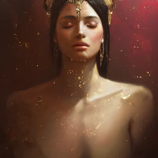 Image similar to a beautiful portrait of a goddess with glittering skin by greg rutkowski and raymond swanland, trending on artstation