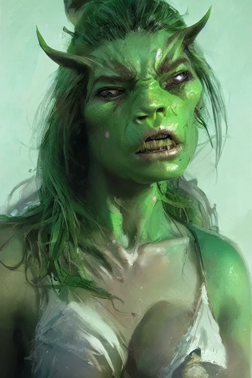 Prompt: green orc female, light green tone beautiful face, by greg rutkowski, by jeremy mann, digital painting