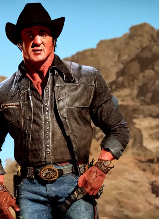 Prompt: an film still of sylvester stallone as cowboy, western background, unreal engine. amazing likeness. very detailed.