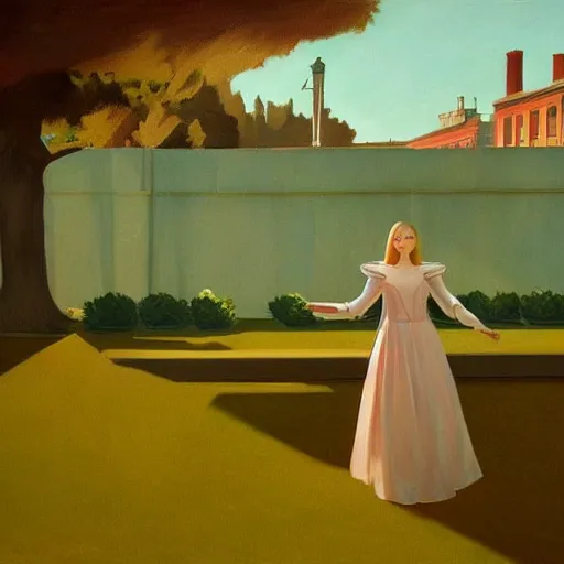 Image similar to Elle Fanning, head and shoulders masterpiece, in Dishonored, golden hour, in a garden, artstation, in the style of Art Deco and Edward Hopper and Bosch, extremely detailed