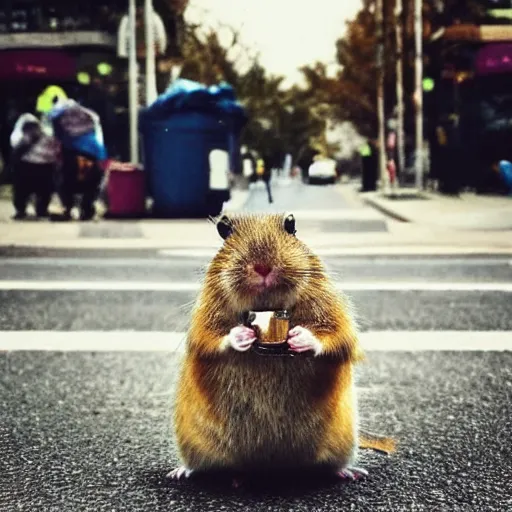 Image similar to “ hamster dressed as a homeless person sitting at an intersection with arms stretched out holding a tin can, trash on ground, sad atmosphere ”