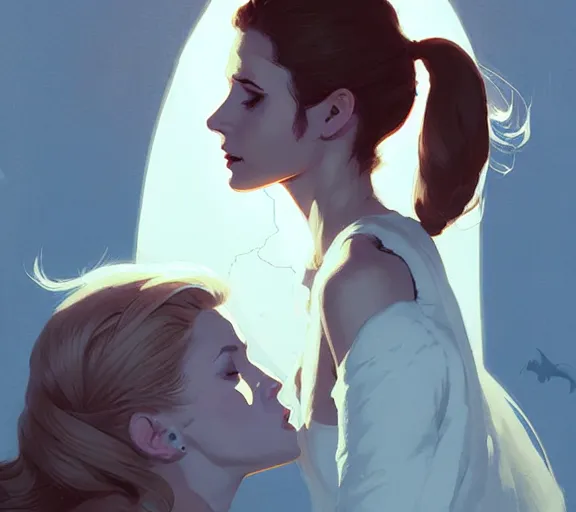 Image similar to portrait of angel kissing buffy by atey ghailan, by greg rutkowski, by greg tocchini, by james gilleard, by joe fenton, by kaethe butcher, dynamic lighting, gradient light blue, brown, blonde cream and white color scheme, grunge aesthetic