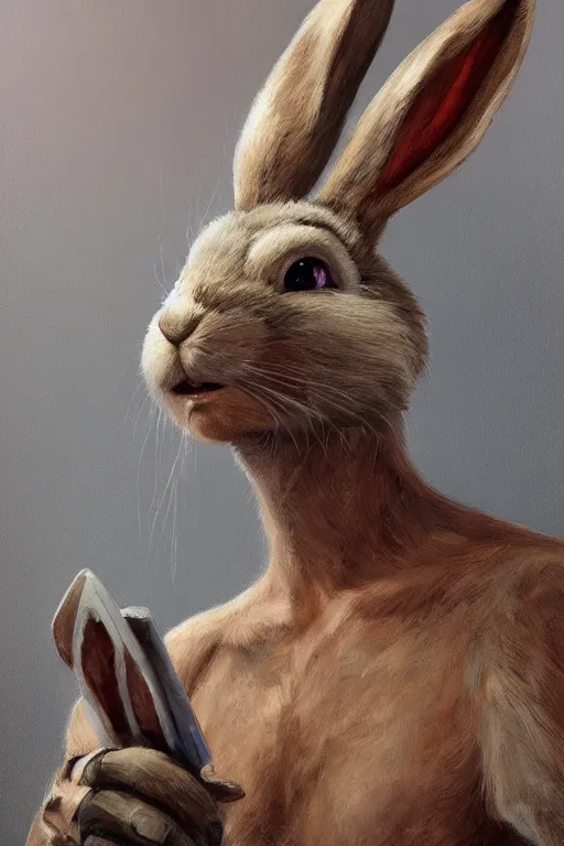 Prompt: oil portrait of sixty the bunny, anthropomorphic creature, reddit moderator, epic, cinematic, elegant, highly detailed, featured on artstation