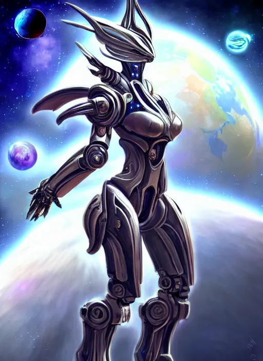 Image similar to goddess shot, galactic sized stunning beautiful anthropomorphic robot mecha female dragon, in space, larger than planets, posing elegantly, with earth in clawed hands, detailed silver armor, epic proportions, epic scale, ultra detailed digital art, furry art, macro art, dragon art, giantess art, warframe fanart, furaffinity, deviantart, realistic