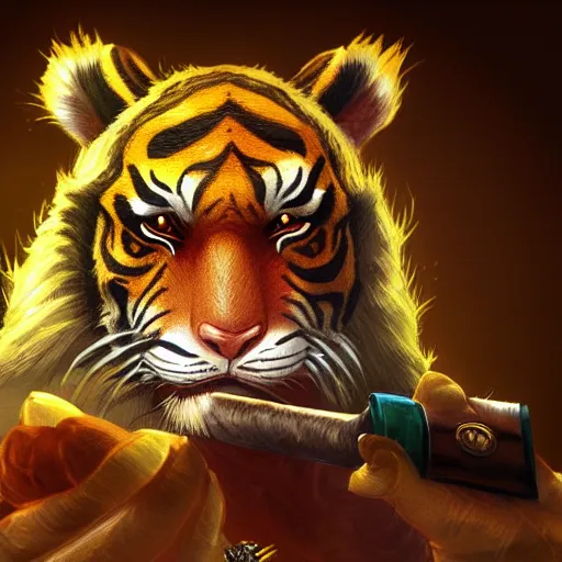 Prompt: anthropomorphic tiger, cool game character League of legends chinese tiger smoking a cigar, detailed fur, detailed textures, amazing splashscreen artwork, Hildebrandt Greg, anime, japanese, deviantart, World of warcraft, HD remaster, artstation, 40nm lens, shallow depth of field,