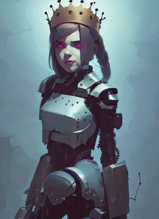 Image similar to portrait of cute maiden girl with crown of thorns in cyber armor, warhammer, cyberpunk, by atey ghailan, by greg rutkowski, by greg tocchini, by james gilleard, by joe fenton, by kaethe butcher, dynamic lighting, gradient light blue, brown, blonde cream and white color in scheme, grunge aesthetic