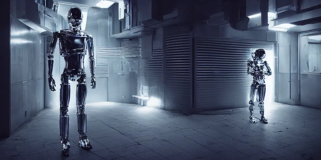 Image similar to a sad dramatic scene of a chrome metal humanoid android losing faith in life it is wearing futuristic urban japanese clothing filmed using an imax movie camera with a cinestill 8 0 0 t in a solitary alley located in a futuristic cyberpunk city with foggy environment and illuminated by night time lights that create sunshaft everywhere with a cold color palette directed by dave villeneuve