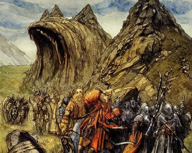 Prompt: “Culhwch and his finest warriors set off on a quest, a watercolour illustration of the Medieval Welsh Epic, The Mabinogion by Alan Lee”