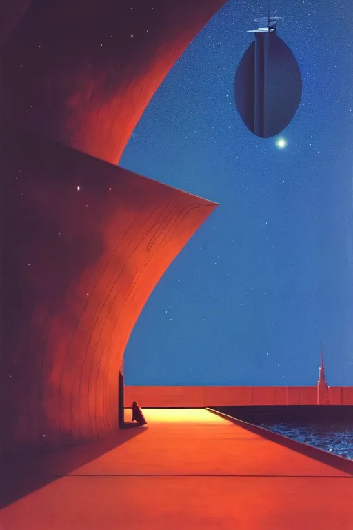 Image similar to emissary space by arthur haas and bruce pennington and john schoenherr, cinematic matte painting, zaha hadid building, photo realism, dark color palate, blue hour stars, james turrell,