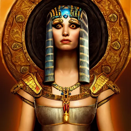 Image similar to Cleopatra on her throne, beautiful eyes, full body, fantasy, beautiful face, medieval, vivid colors, elegant, concept art, sharp focus, digital art, Hyper-realistic, 4K, Unreal Engine, Highly Detailed, HD, Dramatic Lighting by Brom, trending on Artstation
