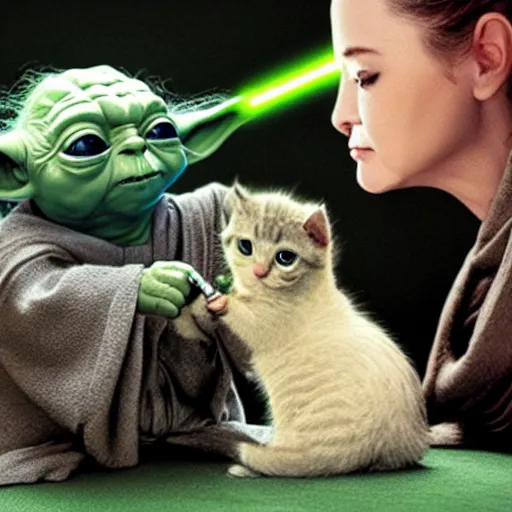 Image similar to Jedi master yoda teaching a kitten how to use a lightsaber