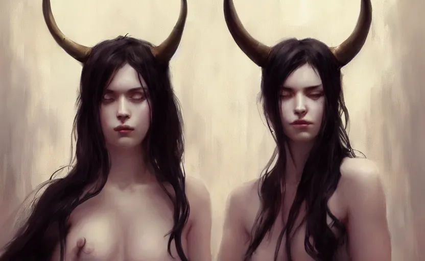 Image similar to a painting of aki trending on artstation in the style of greg rutkowski, beautiful, sensuality, natural skin, horns on head, long black hair