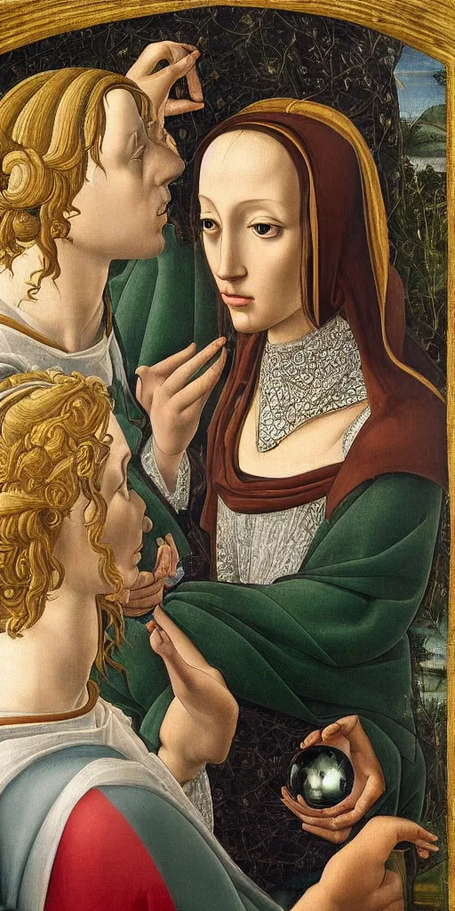 Prompt: Renaissance painting of a Fortune Teller looking into a crystal ball in the style of Botticelli, symmetrical face, accurate face, pretty