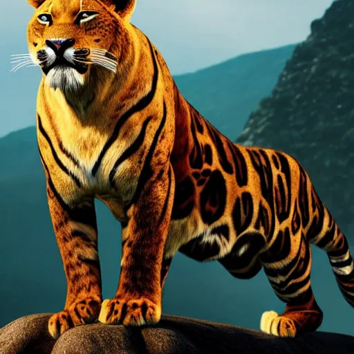 Image similar to mix of puma and jaguar and lion and tiger jumping over a cliff, giant cat monster, 8 k ultra realistic animal, detailed intricate fur, flame in the fur, full of colour, cinematic lighting, battered, trending on artstation, 4 k, hyperrealistic, focused, extreme details, unreal engine 5, cinematic, masterpiece, art by ayami kojima