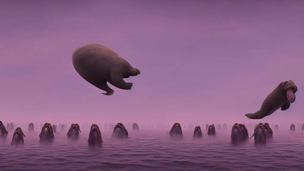 Image similar to an Epic Giant Walrus Battling floating over an army of 1000 Obama clones; cinema render by Beeple, 4K