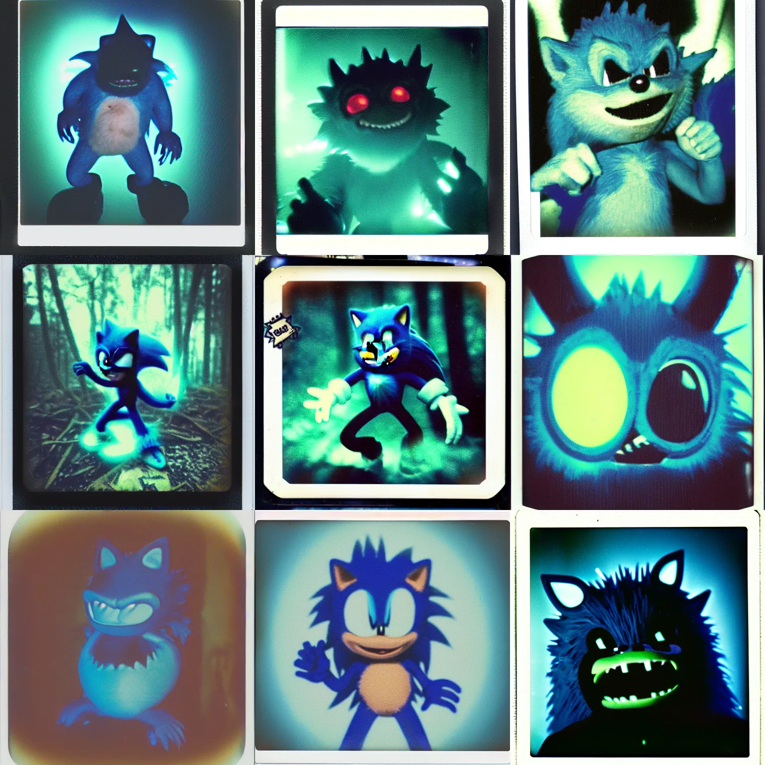 Image similar to cross section polaroid instax polaroid film still of a sonic the hedgehog blue swamp creature with fangs and claws, dark forest, faded glow, anamorphic lens flare, creepypasta