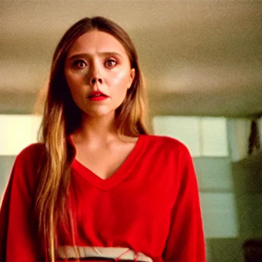 Prompt: Elizabeth olsen angry and pointing with red shirt acting, backrooms, cinematic shot, cinestill 800 t