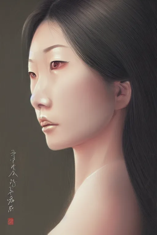 Prompt: a portrait of an lonely asian goddess, elegant, focus, long haircut, detailed, realistic eyes, horizontal partial symmetry features proportions, intricate facial details, cybertech wear, award winning, trending in cgsociety artstation deviant art