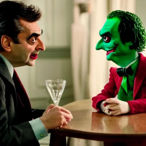 Prompt: romance scene of mr. bean and the joker making out in batman vs bean, 2 0 2 0