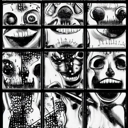 Prompt: drilling neighbor, grid of drilled holes in a room, black and white horror in style of junji ito