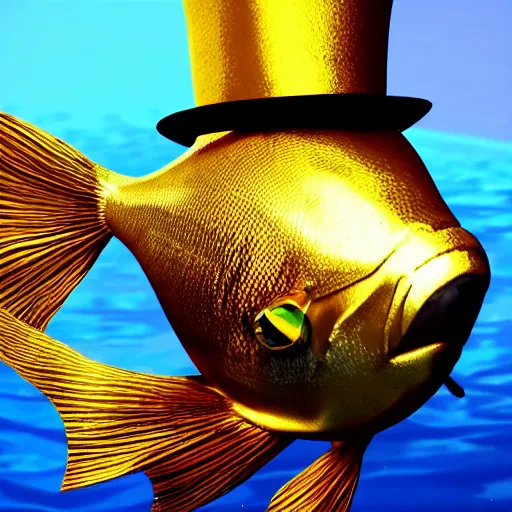 Prompt: golden fish with the monocle and top-hat, realistic, 4k, real world, realistic cinematic,