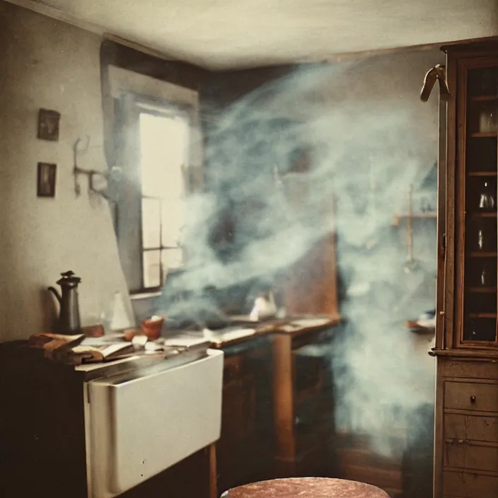 Image similar to kodak portra 4 0 0, wetplate, fisheye, award - winning portrait by britt marling, 1 9 2 0 s kitchen, ghost, picture frames, shining lamps, dust, smoke, 1 9 2 0 s furniture, wallpaper, carpet, books, muted colours, wood, fog,