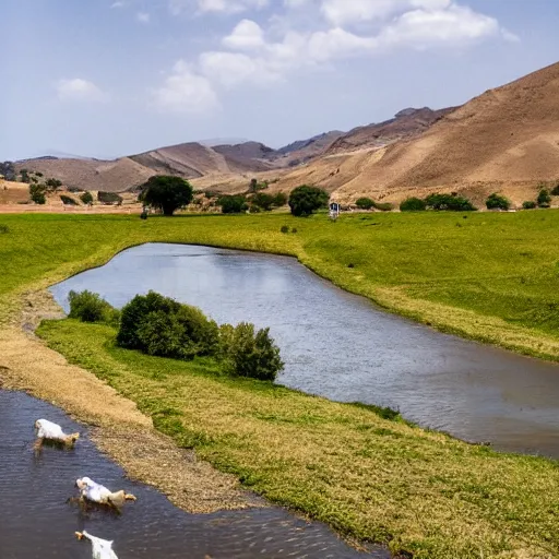 Image similar to landscape, river made of karak, with cows grazing, wide shot, photo