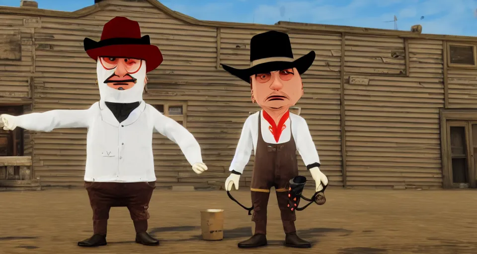 Image similar to Screenshot of Master Shake from Aqua Teen Hunger Force as a 3d cowboy in full cowboy attire in the videogame 'Red Dead Redemption 2'. Sharpened. 1080p. High-res. Ultra graphical settings.