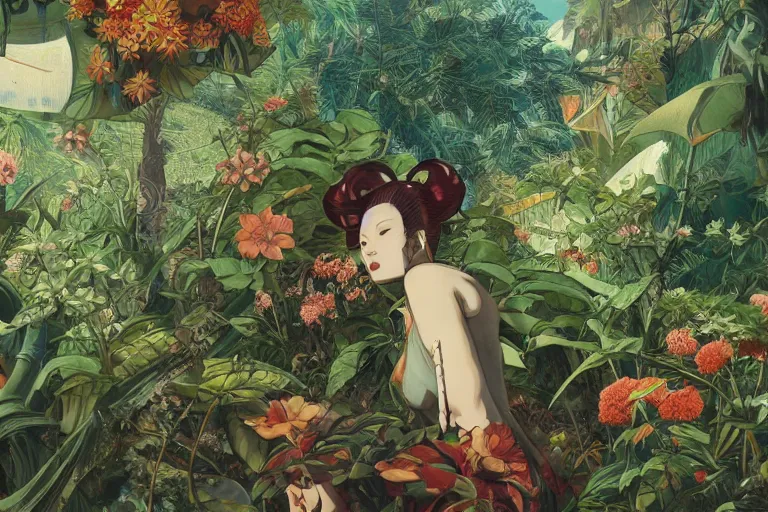 Image similar to evangelionic illustration, a lot of exotic vegetation, trees, tremendous pleasure, flowers, oldschool vintage sci - fi flat surreal design, super - detailed, oil painting by satoshi kon, hd, 4 k, high quality