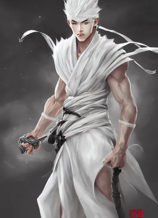 Image similar to a highly detailed illustration of fierce white haired attractive young japanese man wearing white hakama, black eyes, dramatic serious pose, muscular, intricate, elegant, highly detailed, centered, digital painting, artstation, concept art, smooth, sharp focus, league of legends concept art, wlop