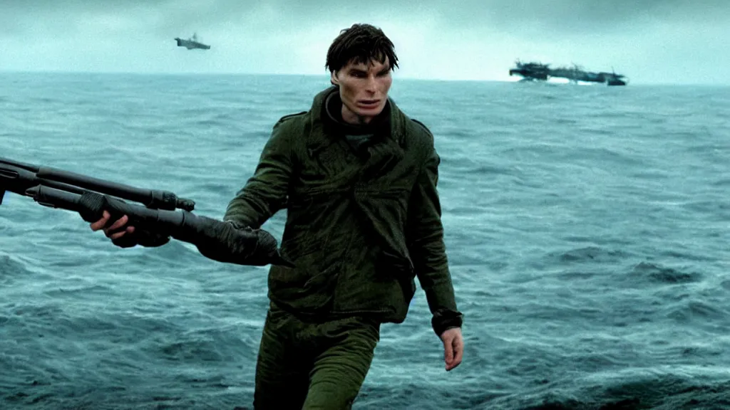 Prompt: photo of Cillian Murphy holding a Thompson, coming out of the ocean, extreme detailed face, spaceship far on the background, film still from the movie directed by Denis Villeneuve with art direction by Zdzisław Beksiński, wide lens