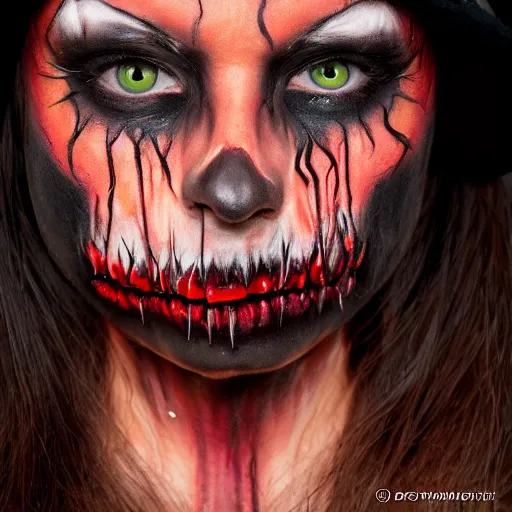 Image similar to closeup scary and gory halloween makeup, ( eos 5 ds r, iso 1 0 0, f / 8, 1 / 1 2 5, 8 4 mm, postprocessed, 4 k, postprocessed, crisp face, facial features )
