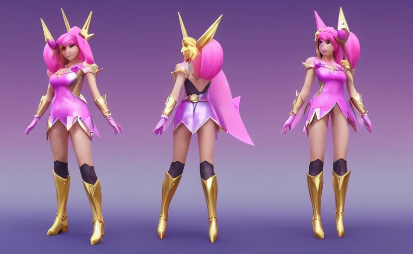 Image similar to character sheet of Caitlyn from League of Legends as a star guardian, 3d render, 8k resolution, octane render