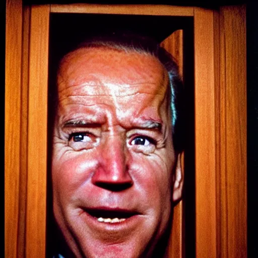 Image similar to A close-up portrait of Joe Biden's manic crazy face peeking through a hole in a door, film still from The Shining by Stanley Kubrick, Eastman Color Negative II 100T 5247/7247, ARRIFLEX 35 BL Camera