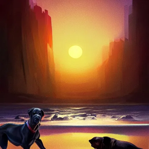 Prompt: concept art by jama jurabaev, cel shaded, cinematic shot, trending on artstation, high quality, brush stroke, hyperspace, vibrant colors, john wick and grey pitbull sit on the sand at a beach and look into the sunset