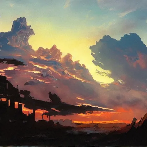 Prompt: dramatic sunset and dramatic sky , painting by frazetta, low angle, postapocalyptic panorama.asthetics !