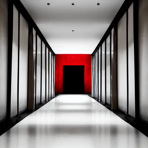 Image similar to a very long featureless white hallway with a single red door at the end, liminal space,