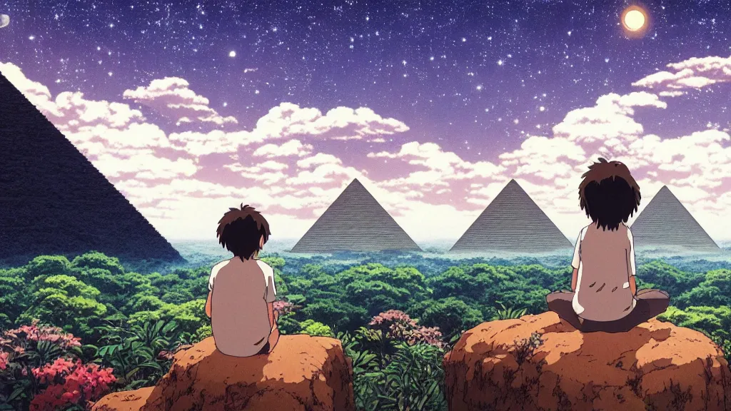 Prompt: a movie still from a studio ghibli film showing a huge demon meditating. a pyramid is under construction in the background, in the rainforest on a misty and starry night. a ufo is in the sky. by studio ghibli