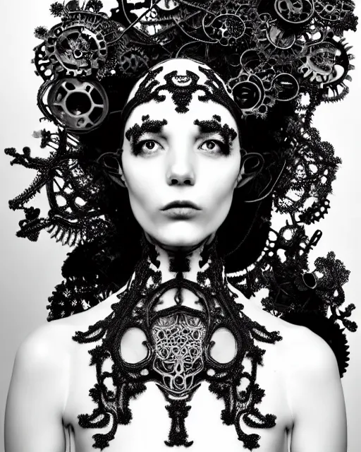 Image similar to surreal black and white photo portrait of complex bio-mechanical beautiful young female vegetal-cyborg with a Mandelbrot fractal steampunk metal fine lace face, curled silver hair and a fine metal floral foliage super big lace collar by Alexander McQueen:: high fashion, haute couture, rococo, steampunk, silver filigree details, anatomical, facial muscles, cable wires, microchip, elegant, hyper realistic, 150 mm lens, soft rim light, octane render, unreal engine, picture was taken in 1910 by Dora Maar, volumetric lighting, 8k,