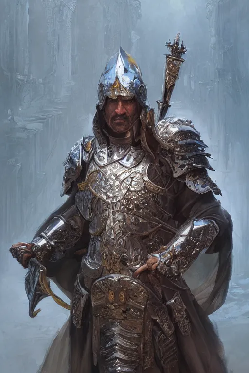 Prompt: portrait of antonio banderas as holy paladin, fantasy, d&d, intricate, highly detailed, smooth, artstation, digital illustration by Ruan Jia and Mandy Jurgens and Artgerm and Wayne Barlowe and Greg Rutkowski and Zdislav Beksinski