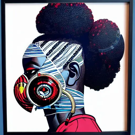 Image similar to a profile photo of a african woman with a diving oxygen mask with side profile blood in ocean intricate details by MARVEL comics and Sandra Chevrier-C