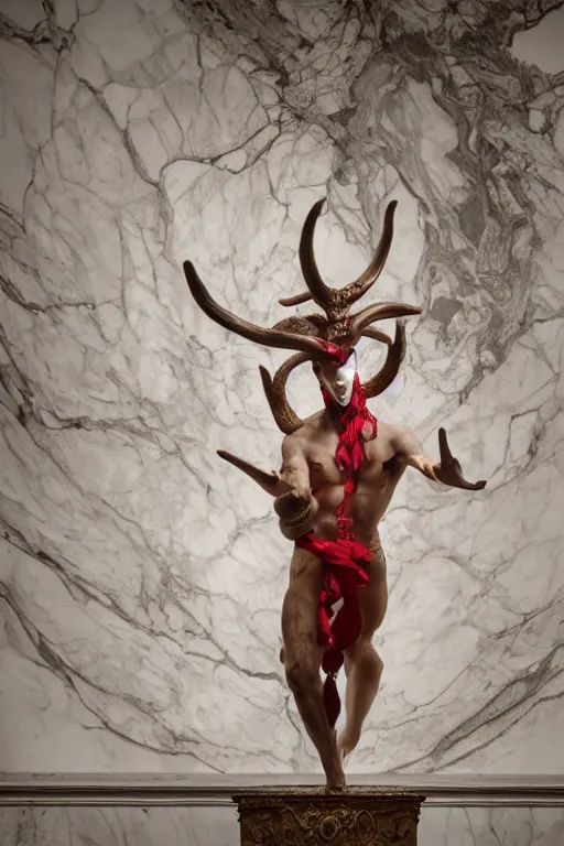 Image similar to a cinematic view of a ornated holy sacred faun statue made by black carrara marble using a old red silk veil and chrome ornaments made by hedi xandt, chris haas and bernini, realistic, macabre art, detailed image, photorealistic, volummetric light