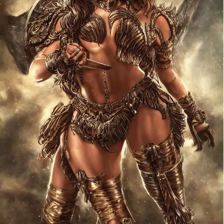 Image similar to a young britney spears as an amazon warrior, a tall beautiful woman with brown skin and long hair, dressed in hellenistic body armor, intricate, elegant, highly detailed, smooth, sharp focus, detailed face, art by ardian syaf