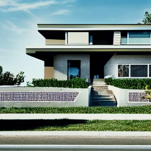 Image similar to view of a house from the street. style: retro futurism