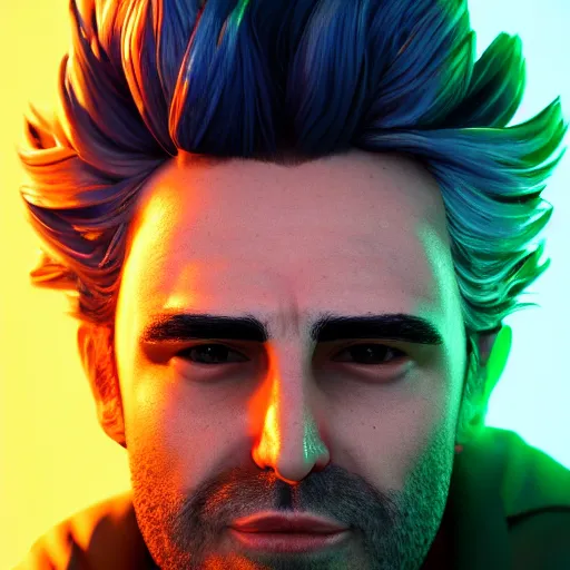 Image similar to portrait art of rick sanchez, lab coat, unibrow, 8 k, lens flare, atmosphere, glow, detailed, intricate, full of colour, cinematic lighting, trending on artstation, 4 k, hyperrealistic, focused, extreme details, unreal engine 5, cinematic, masterpiece