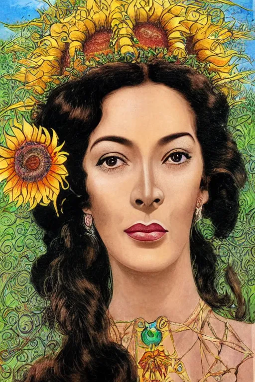 Prompt: realistic portrait of maria felix, closeup!!! face!!!, long swirling hair, backdrop of woven aztec fabrics and mexican sunflowers, tithonia flowers, art by luis royo and walter crane and kay nielsen, illustration in the style of mexican calendars, oil painting, technicolor