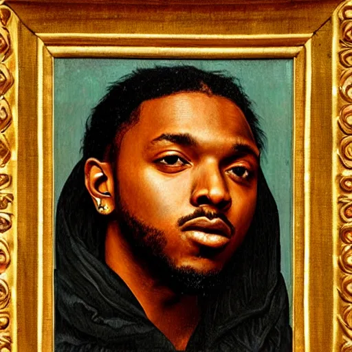 Prompt: a renaissance style portrait painting of kendrick lamar