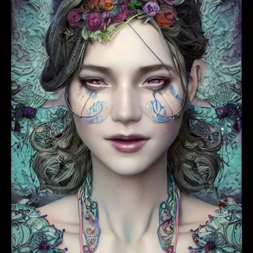 Image similar to the face of an absurdly beautiful, graceful, elegant, sophisticated woman made of blueberries and blackberries, an ultrafine hyperdetailed illustration by kim jung gi, irakli nadar, intricate linework, bright colors, octopath traveler, final fantasy, unreal engine 5 highly rendered, global illumination, radiant light, detailed and intricate environment