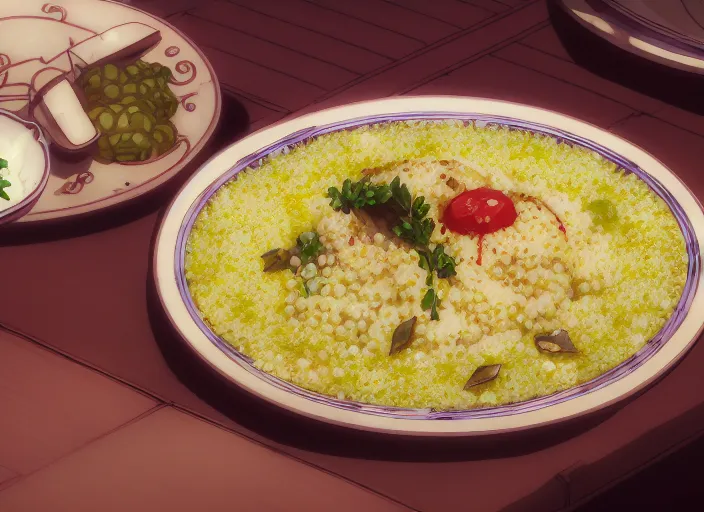 Image similar to a film still portrait of a tunisian couscous, finely detailed features, closeup at the food, perfect art, at a dinner table, gapmoe yandere grimdark, trending on pixiv fanbox, painted by greg rutkowski makoto shinkai takashi takeuchi studio ghibli, akihiko yoshida